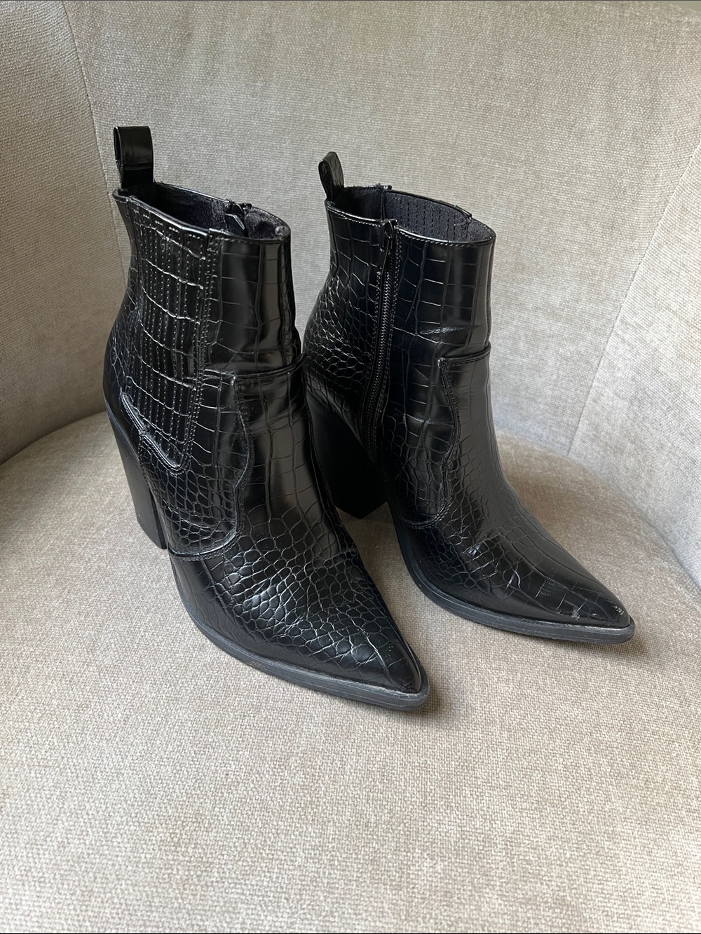 ASOS Elliot Black Croc-Embossed western Pointed Toe Ankle Boots